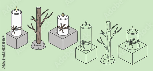 Artistic illustration of lit candles with decorative twine and a tree branch element placed on gray square bases