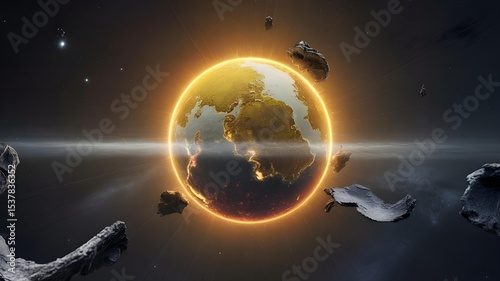 Asteroid Impact Earth - Catastrophic Collision with Glowing Energy Shield
