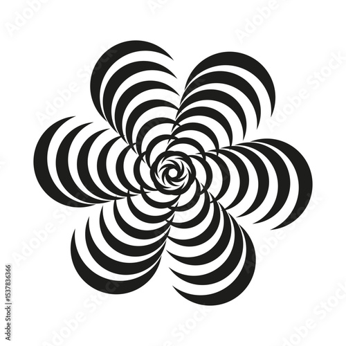 Curved petal icon. Twisting flower shape. Black abstract figure. Vector symmetric form.