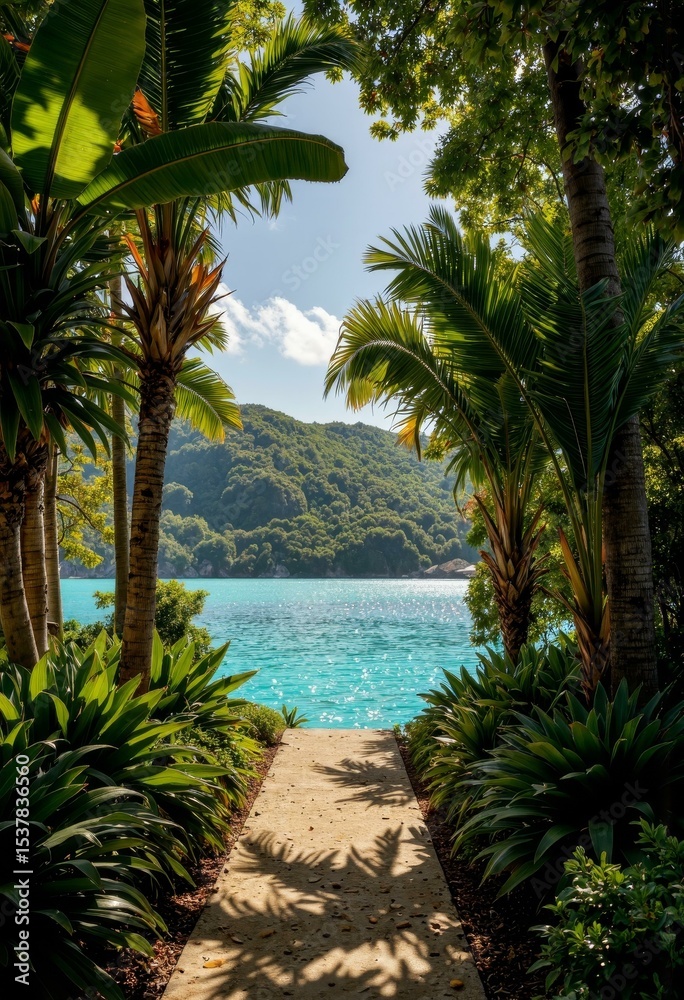 Fototapeta premium Sunlit Tropical Path Leading to Turquoise Lagoon Framed by Tall Palm Trees
