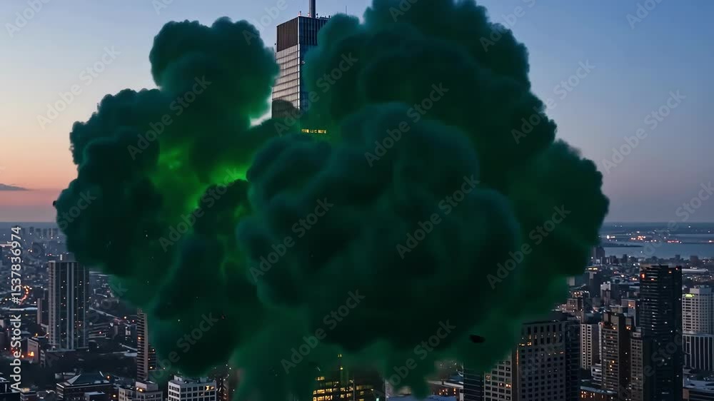 Green explosion engulfs city skyscraper during an attack