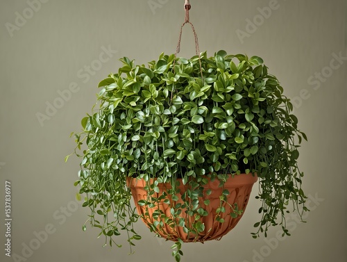 Peperomia prostrata trailing from hanging cage planter, shell-pattern leaves photo