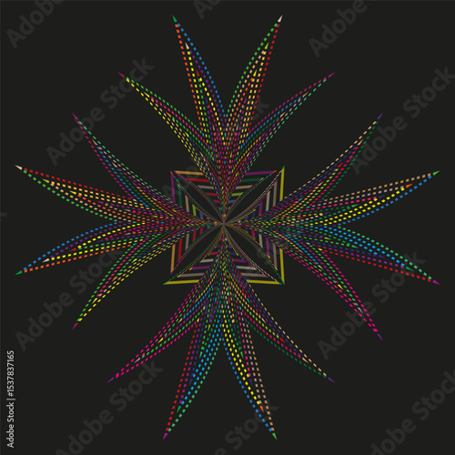 Colorful star shape. Neon dot texture. Black background contrast. Vector spiked figure.