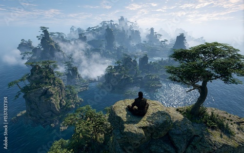 Scene from the 2039 remaster of the elder scrolls 3 morrowind in unreal 5 engine standing on the top of vivek hlaalu island 