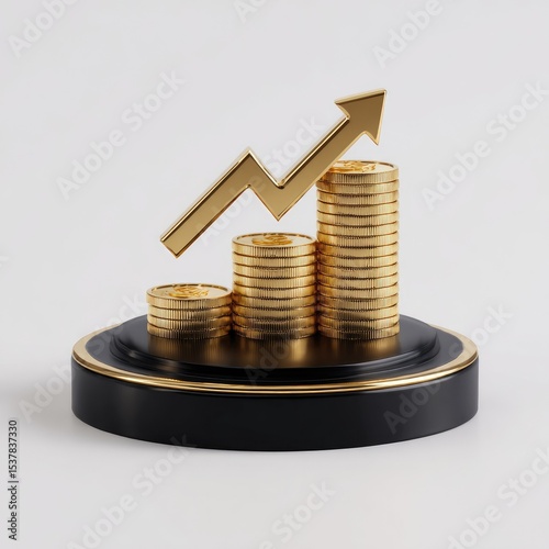 Gold coins stacked in three rising columns, topped by a golden upward arrow, on a black pedestal
