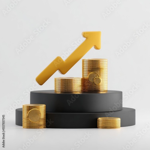 Gold coins stacked, upward trend graphic, podium display