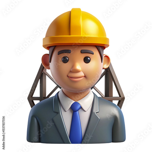 Friendly 3D Cartoon Engineer Avatar Wearing a Yellow Hard Hat and Suit, transparent background