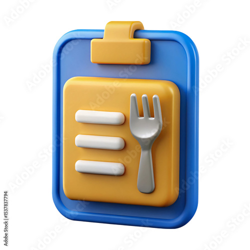 Vibrant 3D Menu Icon Design featuring a Fork and Checklist for App or Website, transparent background