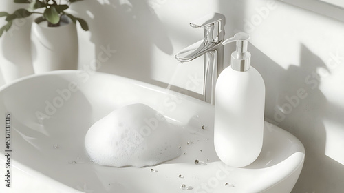 Foam soap bottle mockup on sink with water drops in clean bathroom