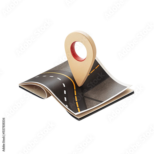 Wooden Location Pin on Folded Map Illustrating Navigation Route Planning, transparent background