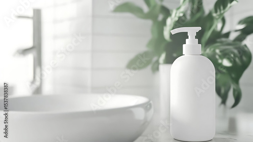 Foam soap bottle mockup on sink with water drops in clean bathroom