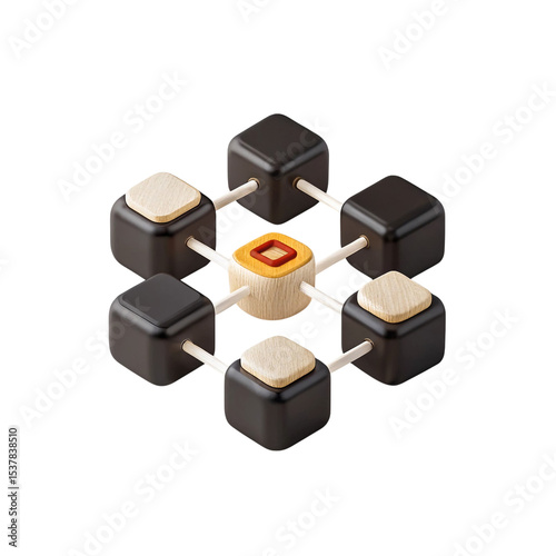 Abstract Network Structure Wooden and Black Cubes Interconnected Design, transparent background