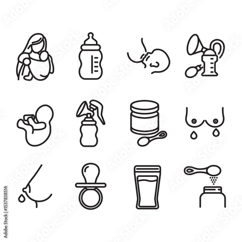 Collection of breastfeeding line icons. Contains icons such as breastfeeding mother, breast pump, formula milk, and more.