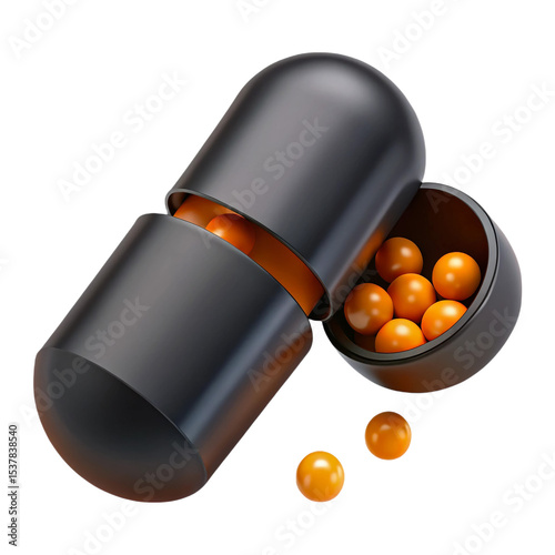 Black Capsule with Orange Pellets Health Supplement Medical 3D Render, transparent background