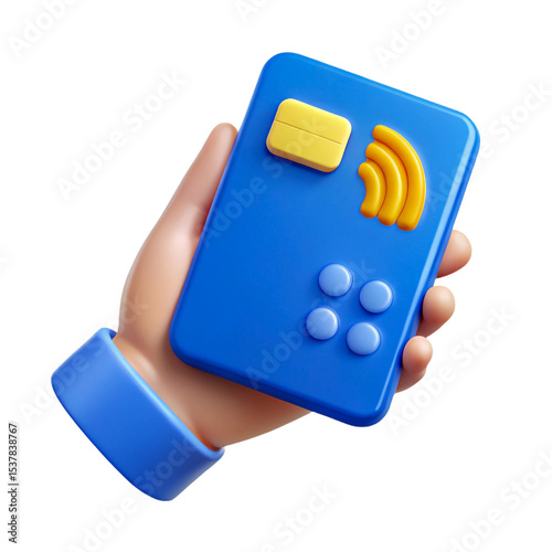 A hand holds a blue contactless payment card featuring a wireless signal and payment buttons, ideal for mobile banking and financial apps, transparent background