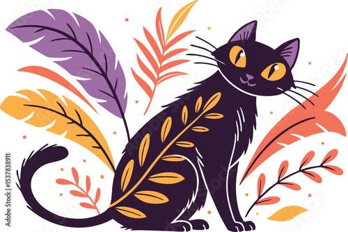 Black Cat with Glowing Eyes Halloween Illustration. Scary Black Cat Glowing Eyes Art for Spooky Design. Glowing Eyes Black Cat Halloween Night Design. Mysterious Black Cat Face with Bright Eyes Art