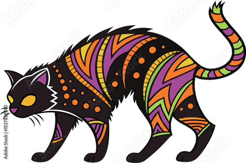 Black Cat with Glowing Eyes Halloween Illustration. Scary Black Cat Glowing Eyes Art for Spooky Design. Glowing Eyes Black Cat Halloween Night Design. Mysterious Black Cat Face with Bright Eyes Art