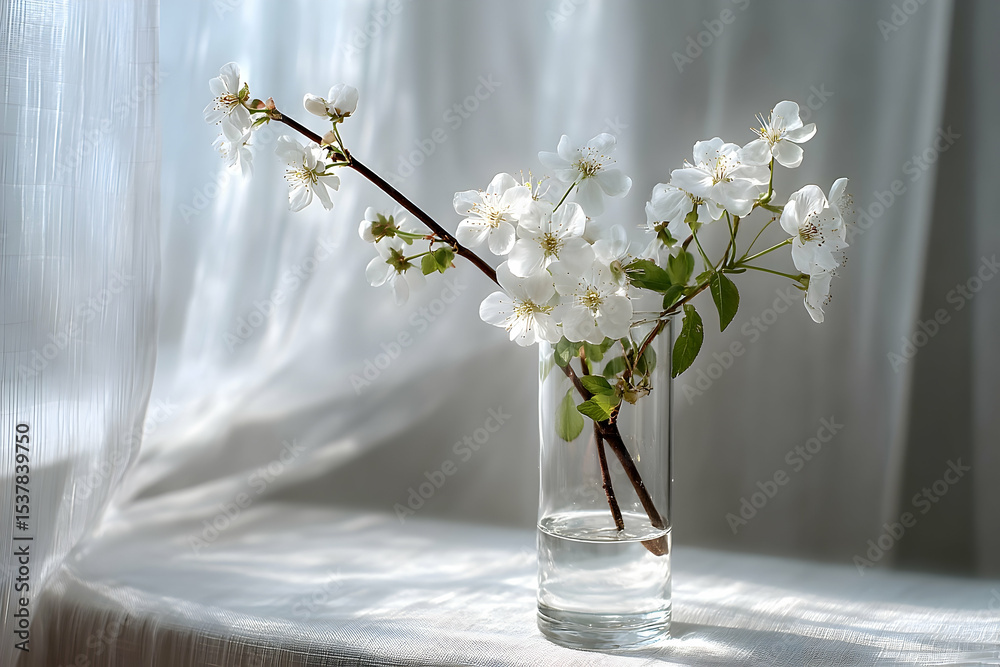 Fototapeta premium Delicate spring blossoms in a clear glass vase.