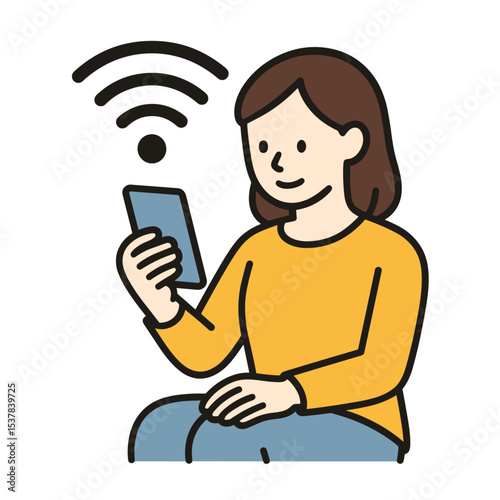 Wi-Fi接続中の女性のイラスト（フラットデザイン）