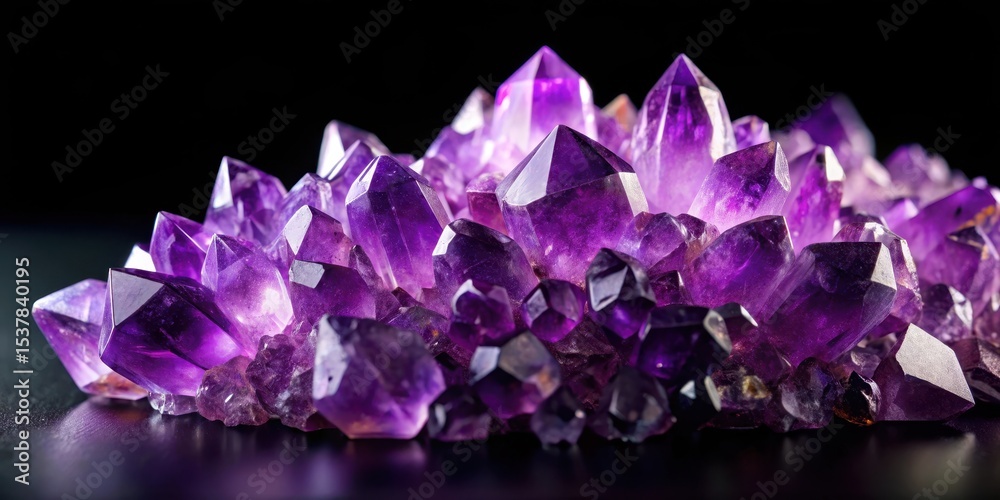 Fototapeta premium Vibrant cluster of amethyst gemstones on a dark black background