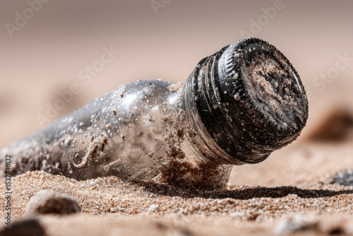 Plastic bottle partially buried in sandy beach environment highlighting pollution issues photo