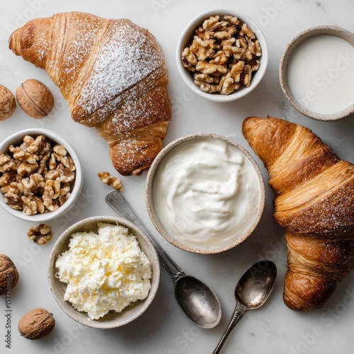 Croissants, walnuts, yogurt, cream.  Breakfast spread