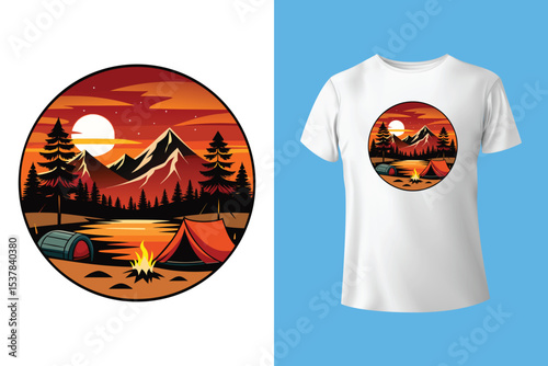Nature camping landscape print. Outdoor terrain with mountain, waterfall in mug for t-shirt design. Beautiful adventure, wanderlust or explore