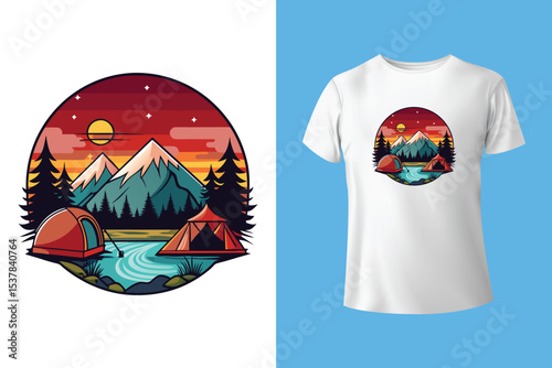 Nature camping landscape print. Outdoor terrain with mountain, waterfall in mug for t-shirt design. Beautiful adventure, wanderlust or explore