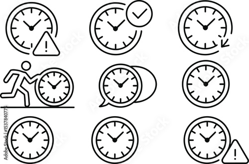 Line style icons of time delay and overdue alerts including missed deadline, expired event, end time warning, and late badge

