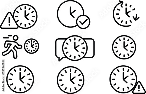 line style icons for time delay alerts including past due symbol, overtime clock, late task badge, and missed deadline