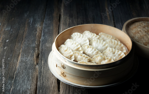 Dumplings in a bamboo steamer