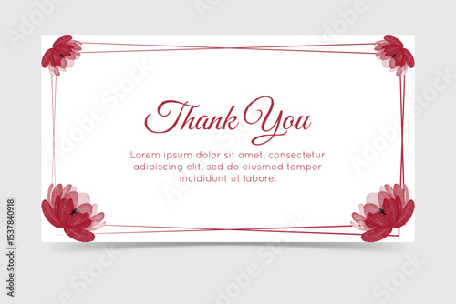 Elegant thank you card with red floral corners and classic frame on white background