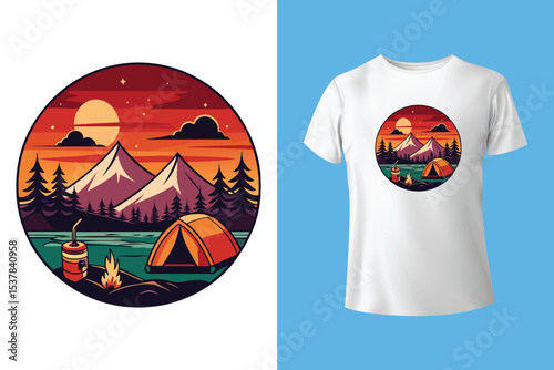 Nature camping landscape print. Outdoor terrain with mountain, waterfall in mug for t-shirt design. Beautiful adventure, wanderlust or explore