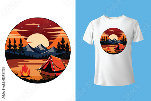 Nature camping landscape print. Outdoor terrain with mountain, waterfall in mug for t-shirt design. Beautiful adventure, wanderlust or explore