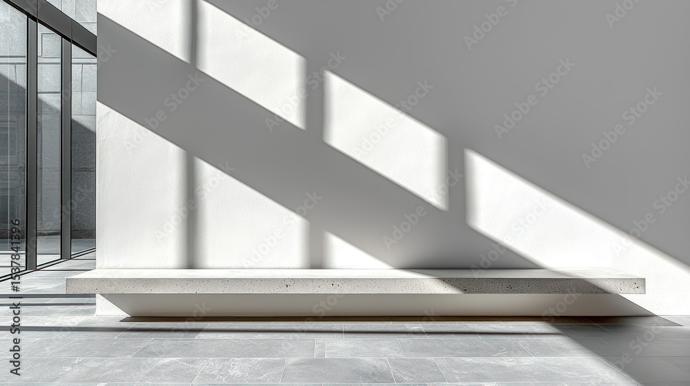 Fototapeta premium Sunlight streaks wall by bench, tile floor