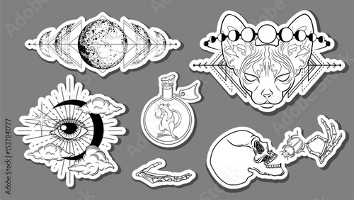 Mystical sticker set with vector illustrations of skulls, cat, insects, celestial bodies, and magic elements. Perfect for tattoo design, witchy decor, packaging, and alternative aesthetics.