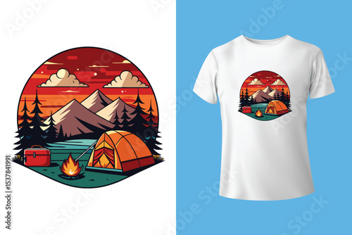 Nature camping landscape print. Outdoor terrain with mountain, waterfall in mug for t-shirt design. Beautiful adventure, wanderlust or explore