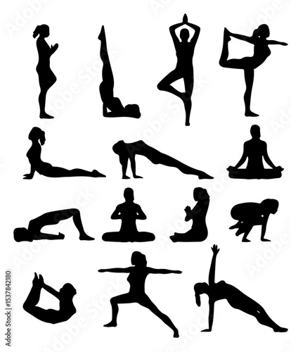 Yoga Poses Silhouettes - Women Practicing Meditation & Fitness