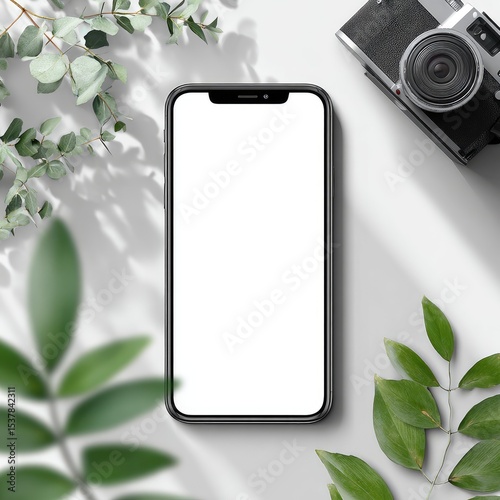 Smartphone surrounded by foliage and a vintage camera