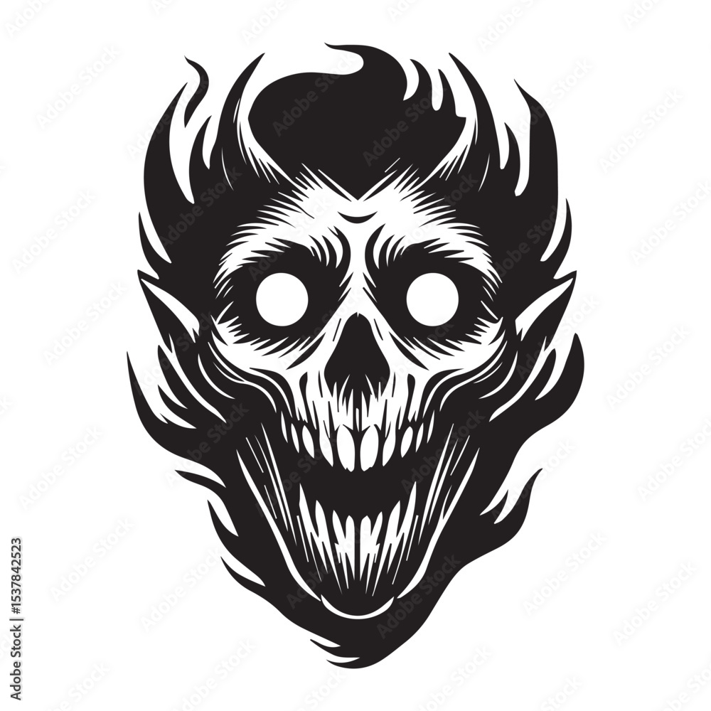 Fototapeta premium Devil Face Silhouette Clipart with Longhorn Demon Skull Design