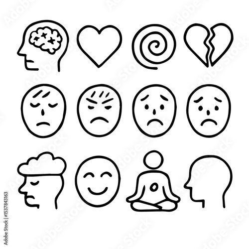 Simple line art icons illustrating a range of human emotions and mental states suitable for websites blogs articles apps or presentations related to mental health and wellbeing.  Perfect for education