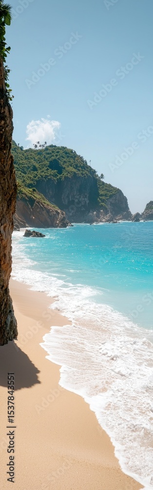 Fototapeta premium Turquoise waters meet sandy shore, cliffs nearby