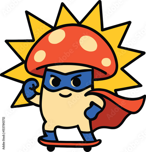 A Mushroom superhero on skateboard vector illustration
