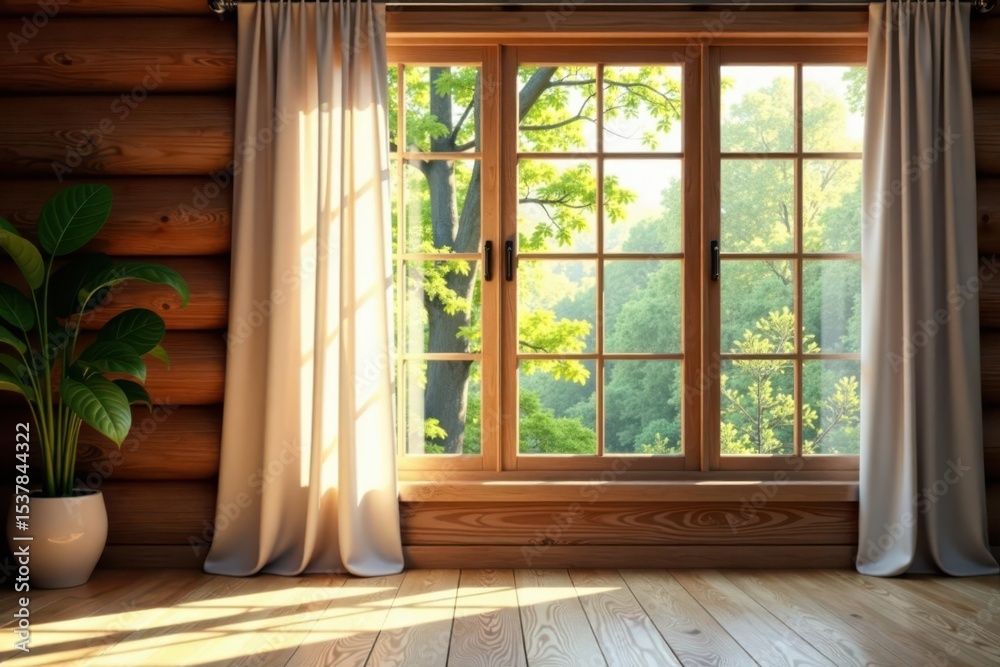 Fototapeta premium Sunlight streams through large wooden window, white linen curtain, log wall decor , scandi, logs, curtain