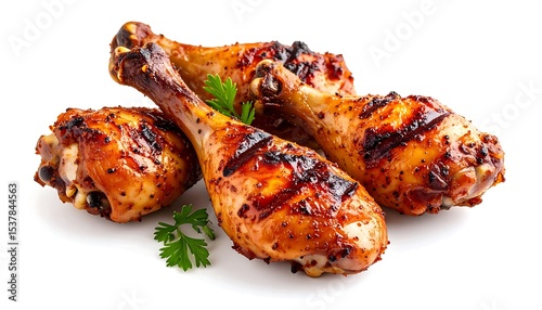 Grilled chicken drumsticks with crispy skin and parsley garnish on white.