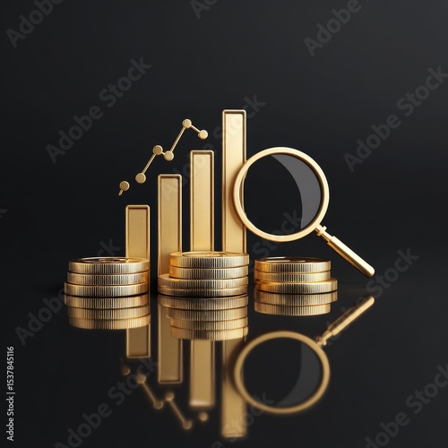 Gold bar graph, coins, magnifying glass on black background