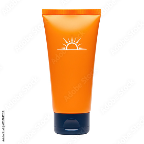 Close up shot of orange sunscreen tube with sun logo on a white background