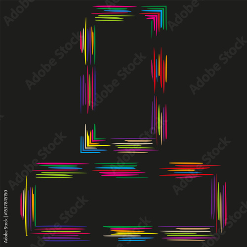 Colorful abstract form. Glitch shape figure. Vector black background. Irregular neon icon.