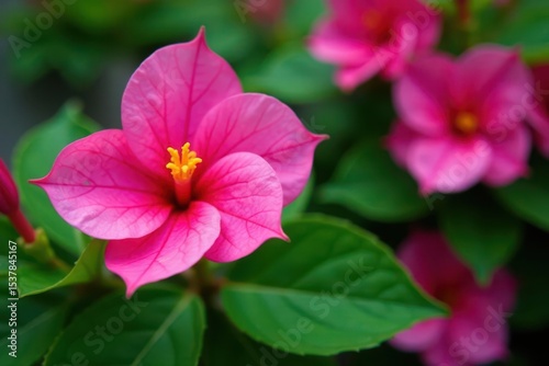 Vibrant pink begonia blossom, delicate petals, lush foliage , blossom, tropical