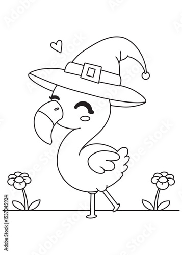 Coloring book flamingo wearing a witch's hat, happily winking with a sweet heart above its head